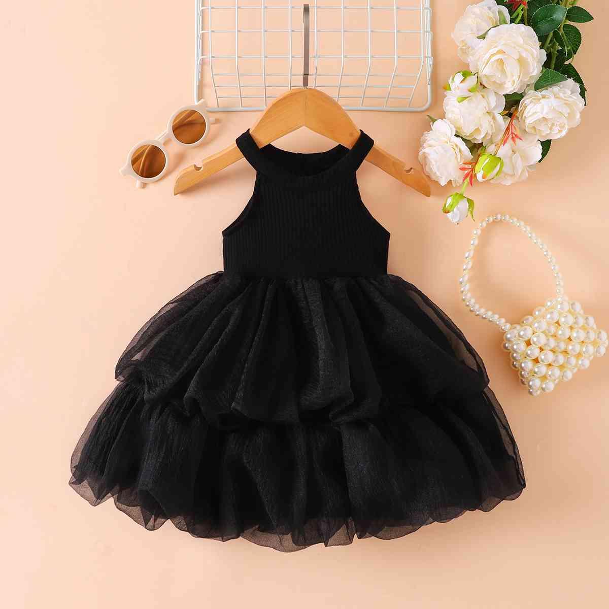 Ribbed Sleeveless Tulle Dress - Browngold Fashion