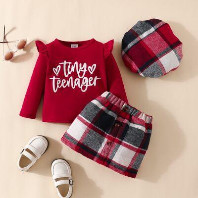 Letter Graphic Ruffle Trim Top and Plaid Skirt - Browngold Fashion