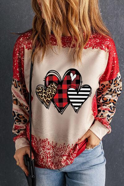 Heart Leopard Round Neck Sweatshirt - Browngold Fashion