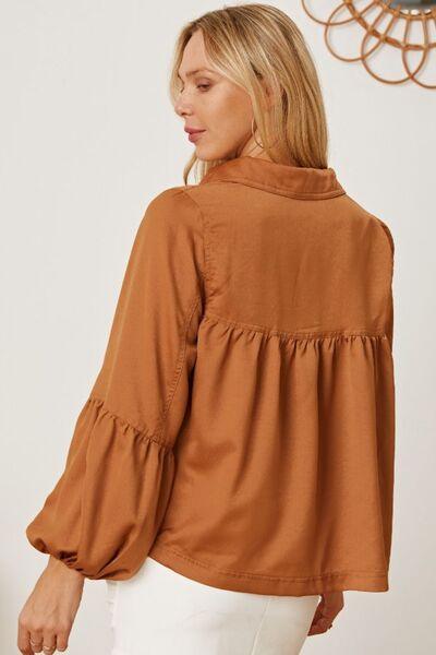 Balloon Sleeve Collared Neck Blouse - Browngold Fashion