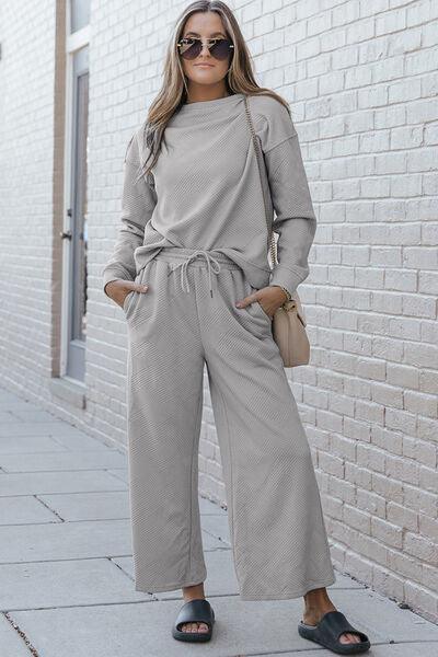 Double Take Full Size Textured Long Sleeve Top and Drawstring Pants Set - Browngold Fashion