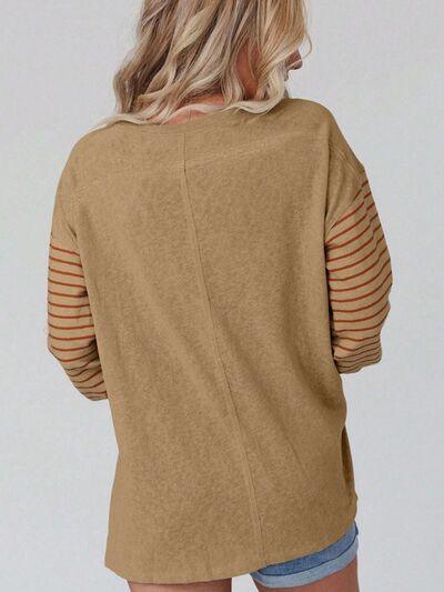 Round Neck Striped Long Sleeve Slit T-Shirt - Browngold Fashion