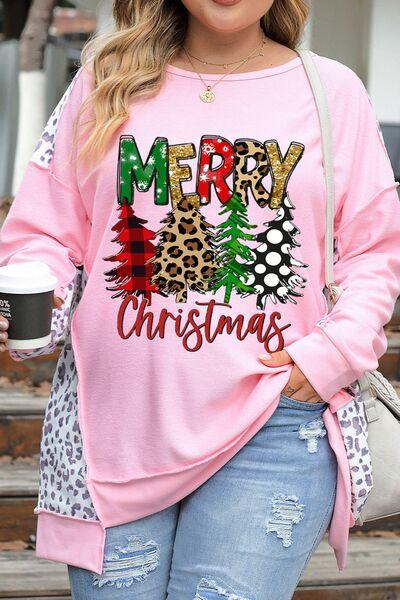 Plus Size MERRY CHRISTMAS Leopard Dropped Shoulder Sweatshirt - Browngold Fashion