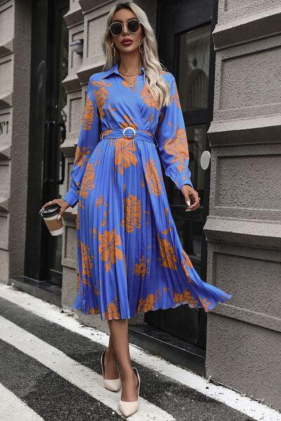 Floral Pleated Surplice Long Sleeve Midi Dress - Browngold Fashion