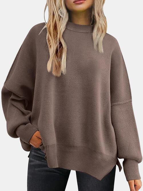 Round Neck Drop Shoulder Slit Sweater - Browngold Fashion