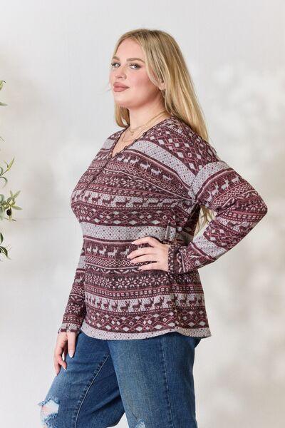 Heimish Full Size Christmas Element Buttoned Long Sleeve Top - Browngold Fashion