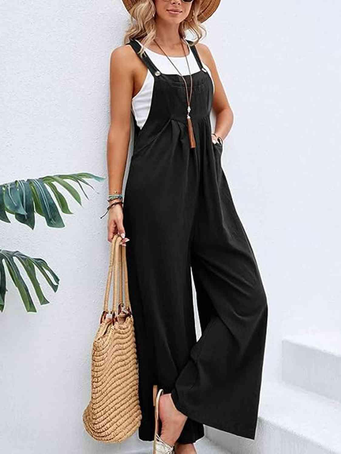 Full Size Wide Leg Overalls with Pockets - Browngold Fashion