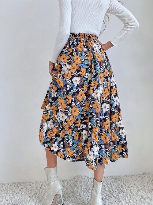 Printed Ruffle Hem Midi Skirt - Browngold Fashion