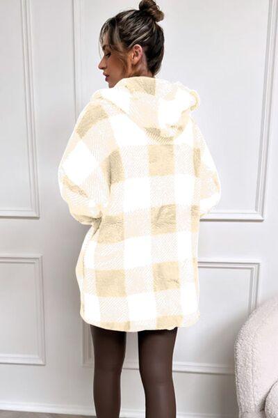 Double Take Full Size Plaid Long Sleeve Hooded Coat - Browngold Fashion