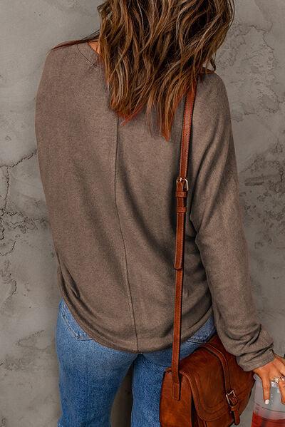 Seam Detail Round Neck Long Sleeve Top - Browngold Fashion