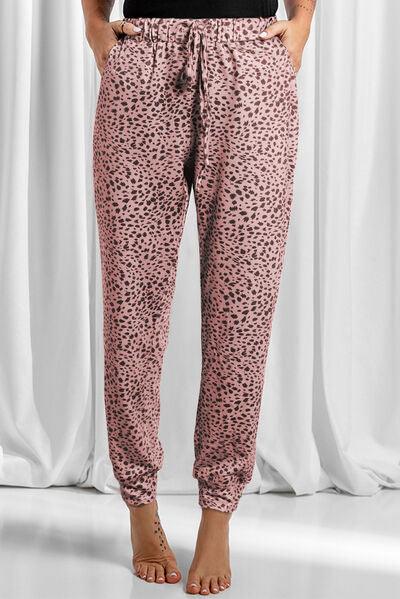 Full Size Leopard Drawstring Pocketed Pants - Browngold Fashion