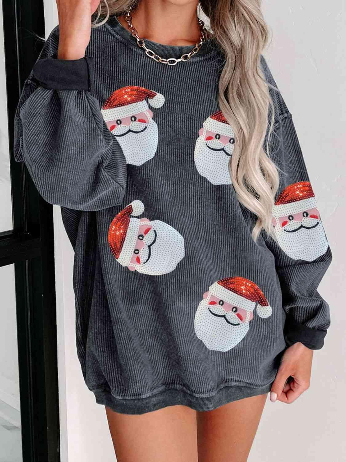 Sequin Santa Patch Ribbed Sweatshirt - Browngold Fashion