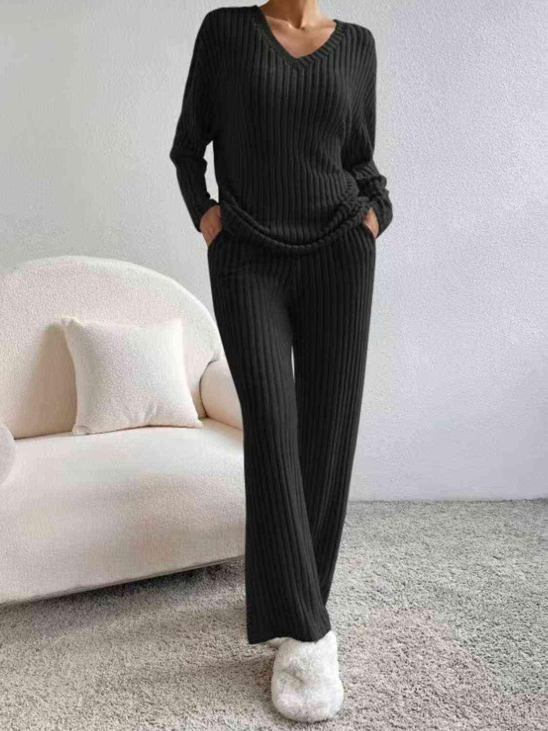 Ribbed V-Neck Long Sleeve Top and Pants Set - Browngold Fashion