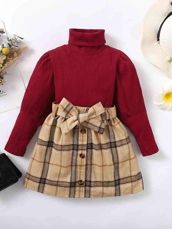 Turtle Neck Long Sleeve Ribbed Top and Plaid Skirt Set - Browngold Fashion