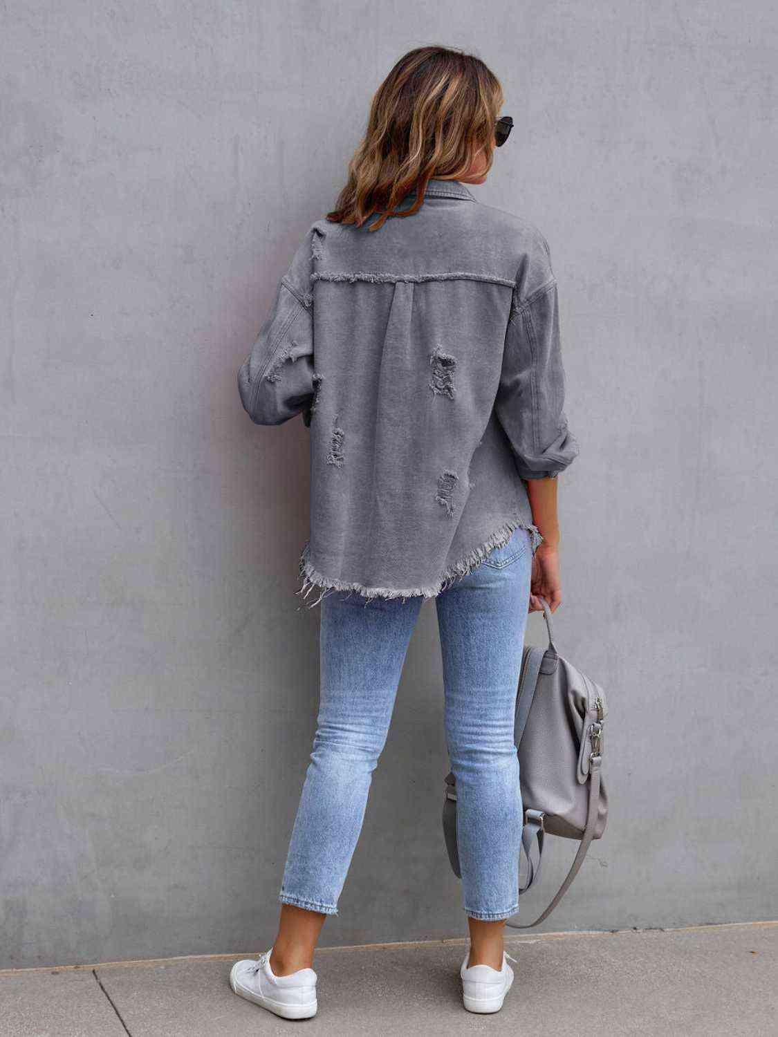 Distressed Drop Shoulder Denim Jacket - Browngold Fashion