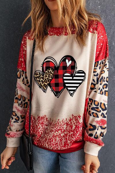 Heart Leopard Round Neck Sweatshirt - Browngold Fashion