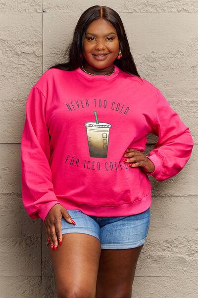 Simply Love Full Size NEVER TOO COLD FOR ICED COFFEE Round Neck Sweatshirt - Browngold Fashion