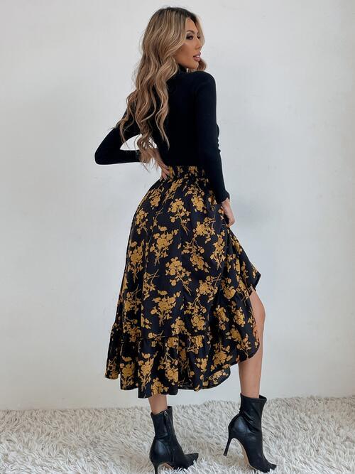 Printed Ruffle Hem Midi Skirt - Browngold Fashion