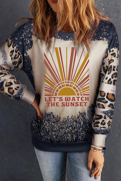 LET'S WATCH THE SUNSET Leopard Round Neck Sweatshirt - Browngold Fashion