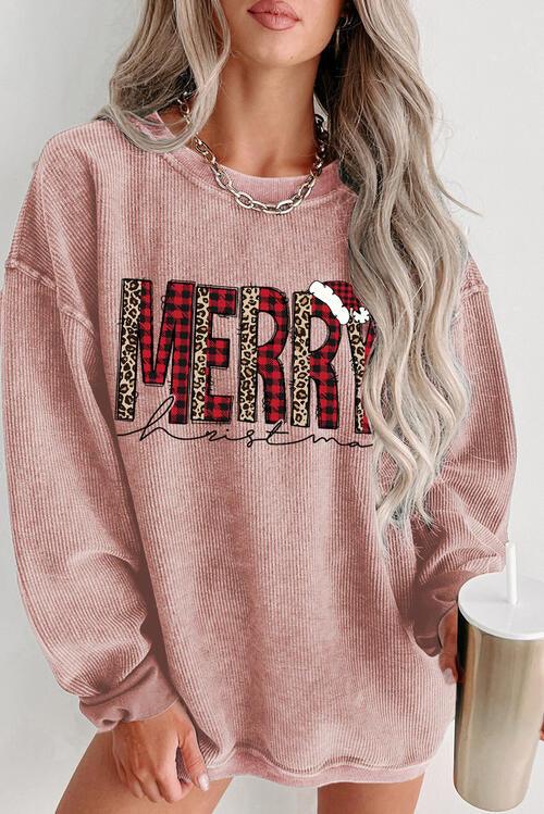 MERRY CHRISTMAS Round Neck Long Sleeve Sweatshirt - Browngold Fashion