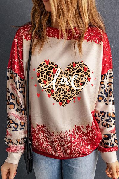 LOVE Heart Leopard Round Neck Sweatshirt - Browngold Fashion