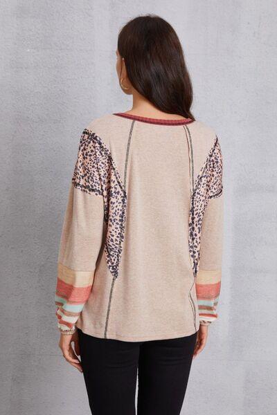 Contrast Stitching Leopard Long Sleeve Blouse - Browngold Fashion