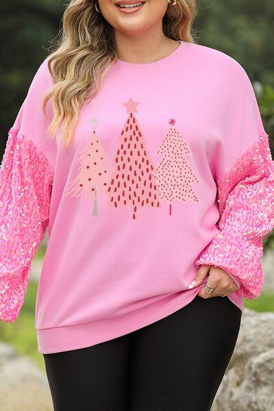 Plus Size Christmas Tree Sequin Round Neck Sweatshirt - Browngold Fashion