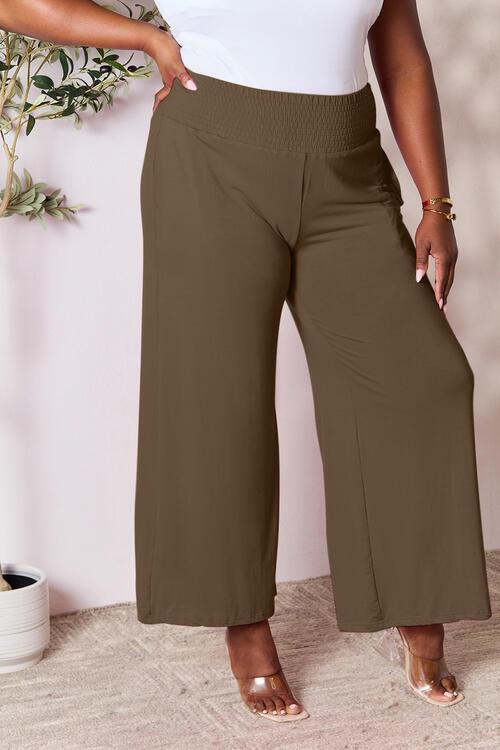 Double Take Full Size Smocked Wide Waistband Wide Leg Pants - Browngold Fashion