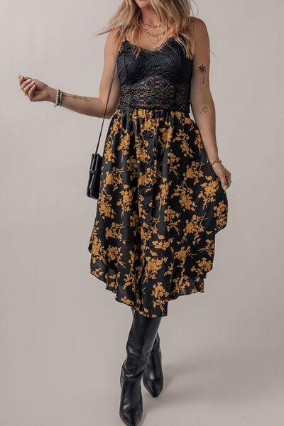 Floral Buttoned Ruffle Hem Skirt - Browngold Fashion