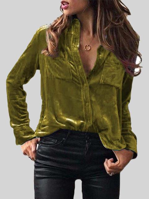 Button Up Collared Shirt with Breast Pockets - Browngold Fashion