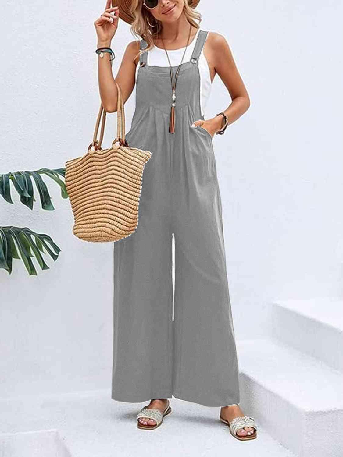 Full Size Wide Leg Overalls with Pockets - Browngold Fashion