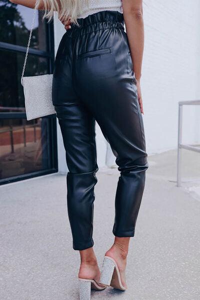 High Waist PU Leather Cropped Pants - Browngold Fashion