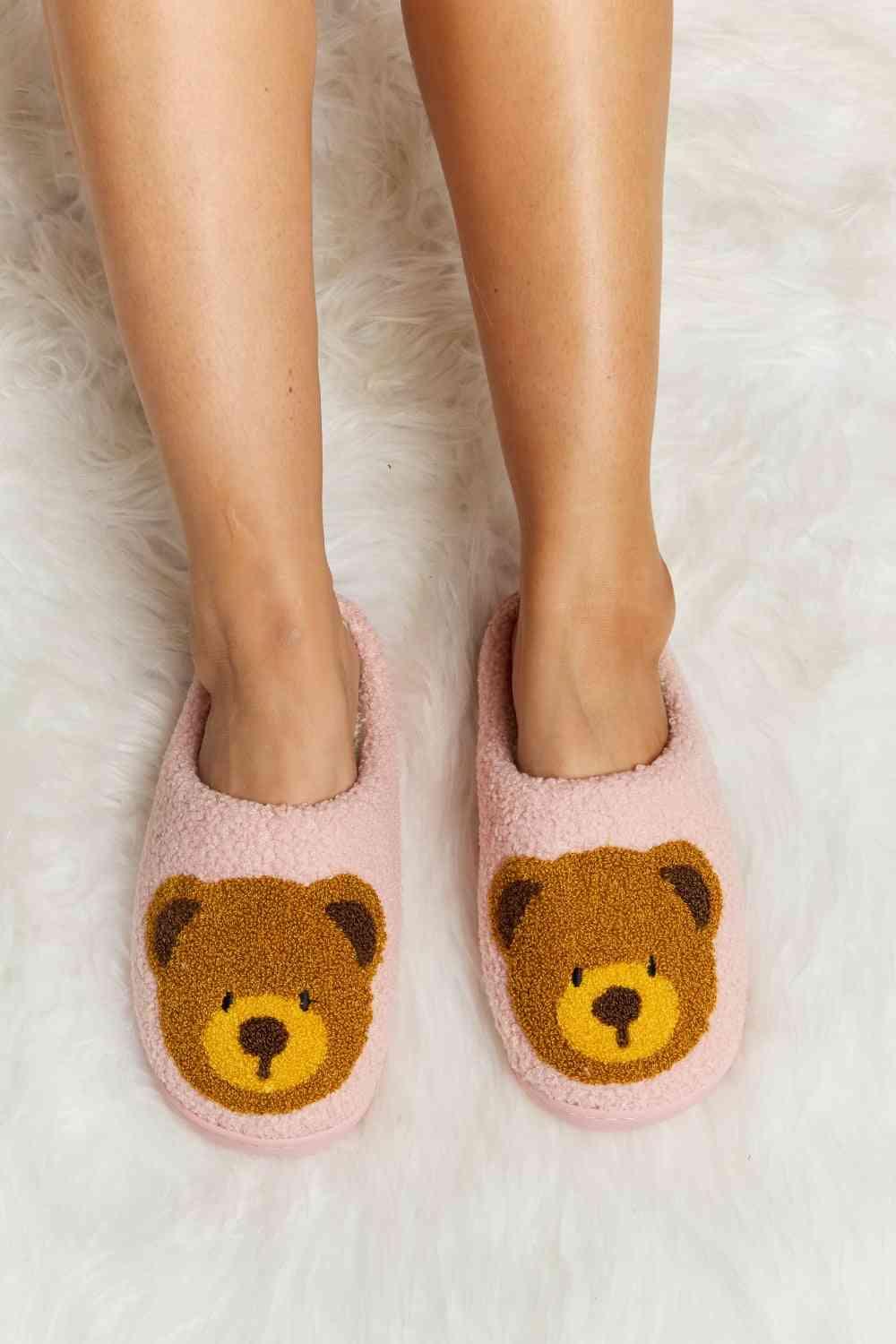 Melody Teddy Bear Print Plush Slide Slippers - Browngold Fashion