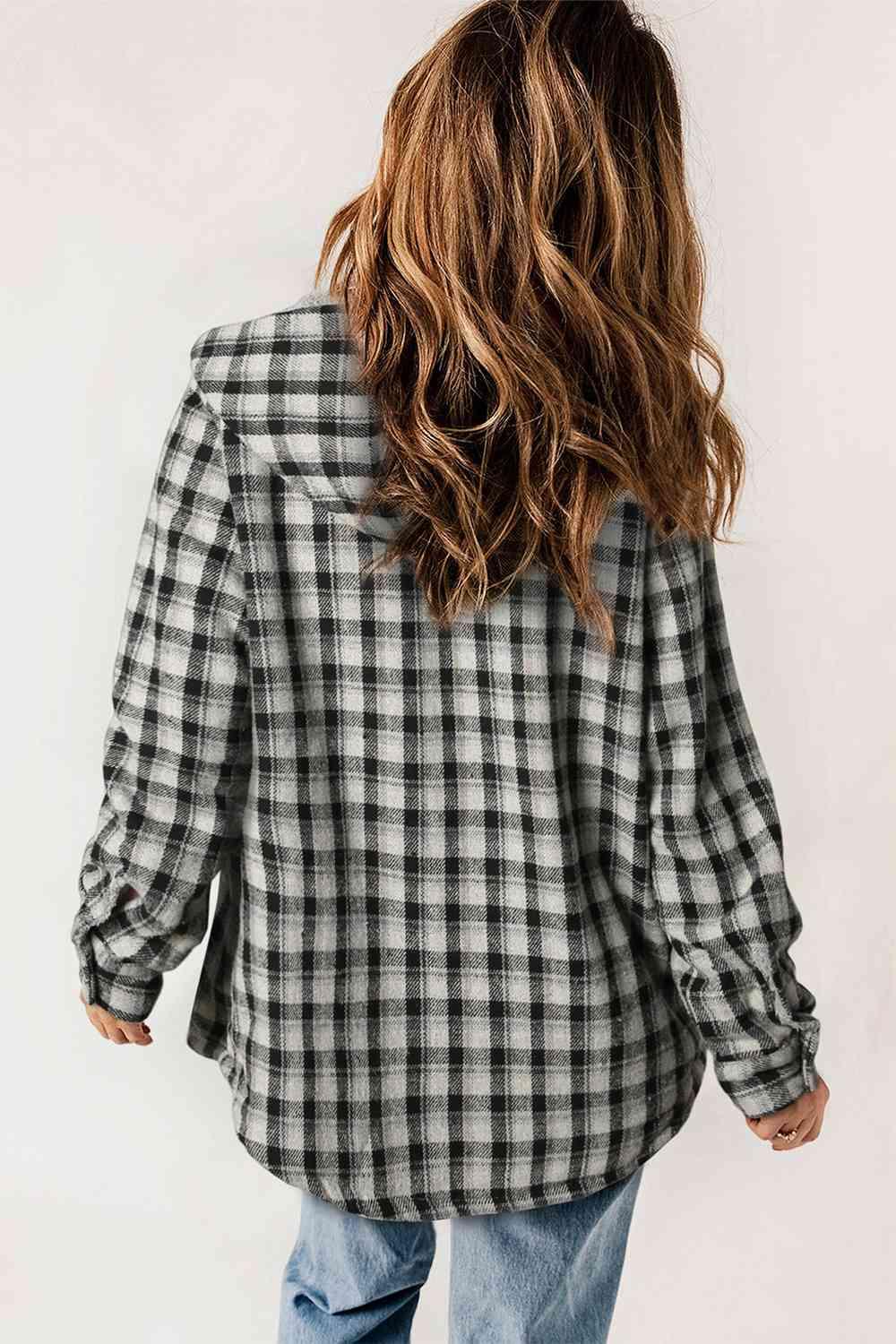 Plaid Snap Down Hooded Jacket - Browngold Fashion