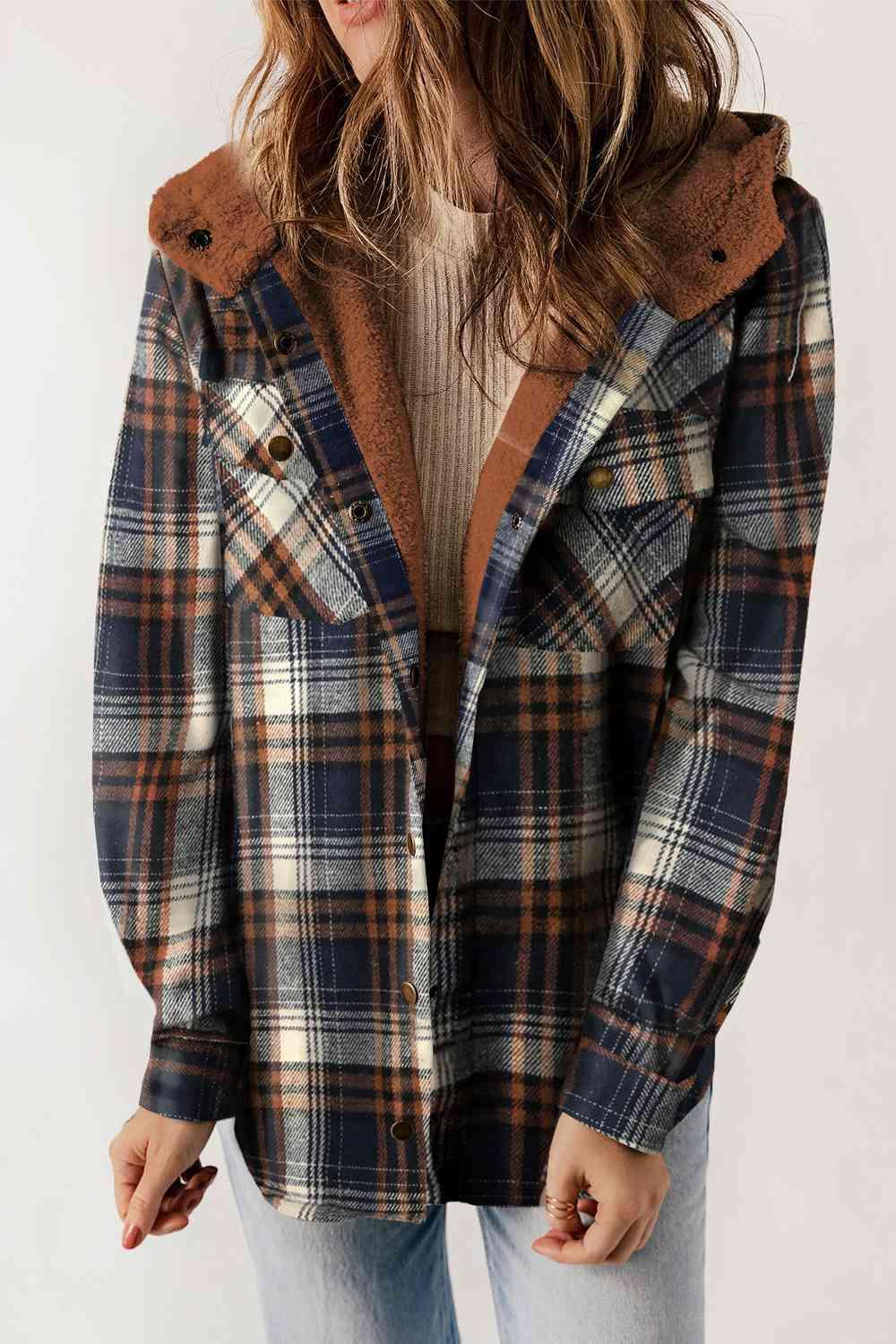 Plaid Snap Down Hooded Jacket - Browngold Fashion