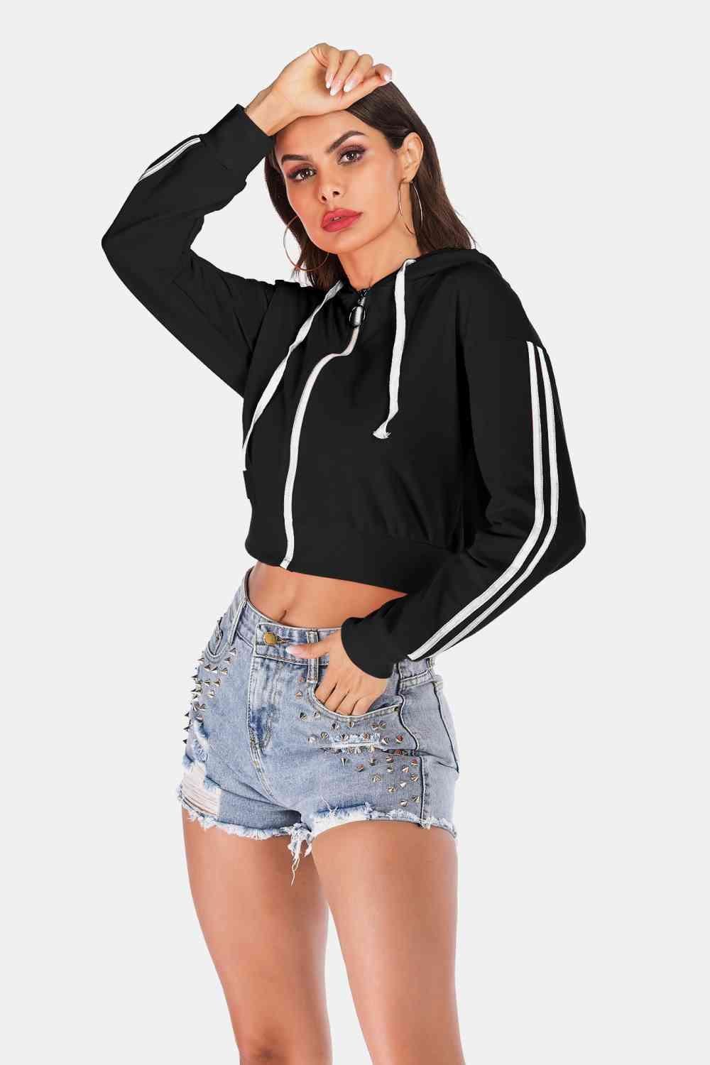 Side Stripe Drawstring Cropped Hooded Jacket - Browngold Fashion