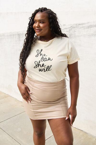 Simply Love Full Size SHE CAN SHE WILL Short Sleeve T-Shirt - Browngold Fashion