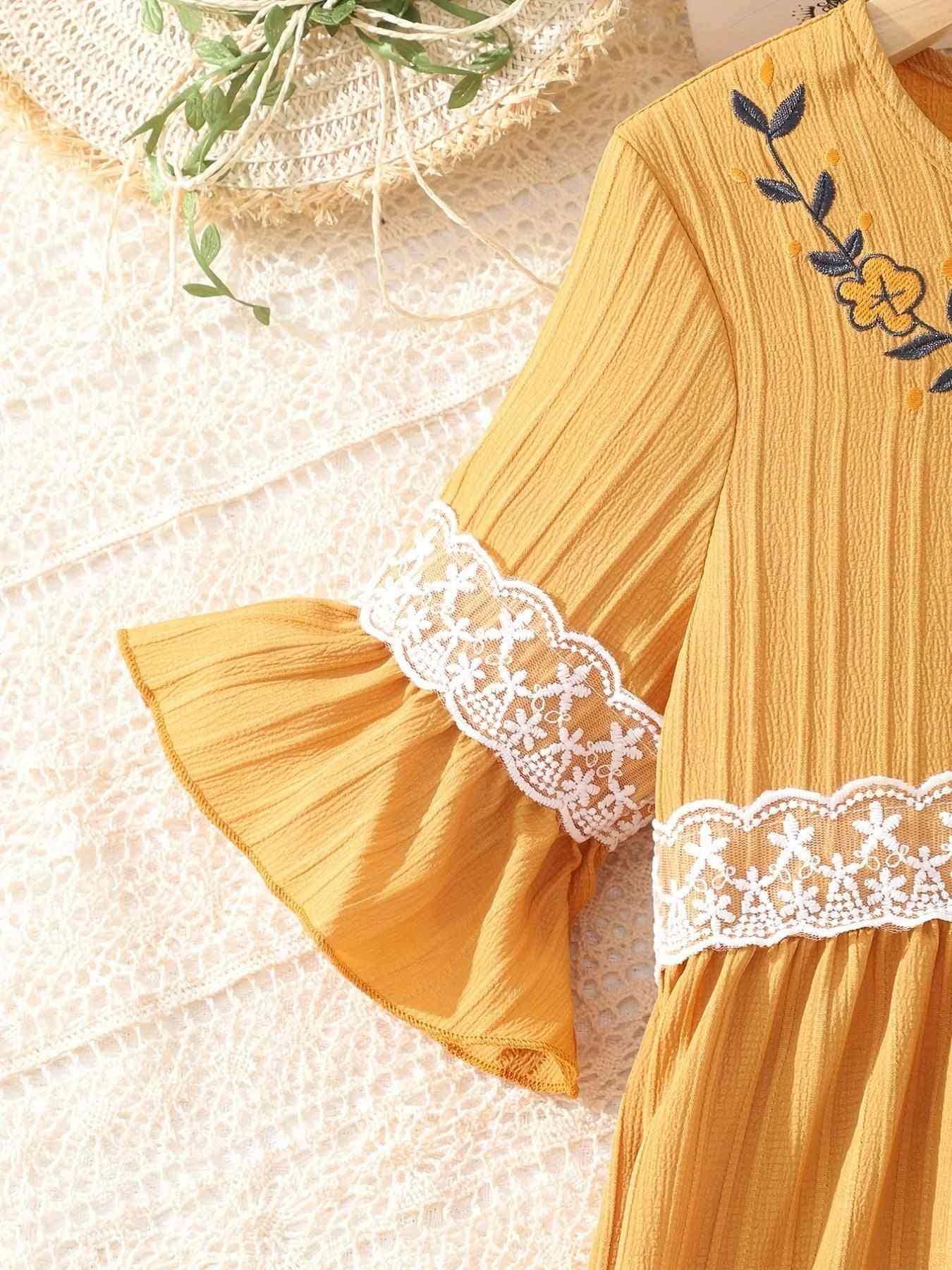 Lace Waistband Embroidery Round Neck Flounce Sleeve Dress - Browngold Fashion