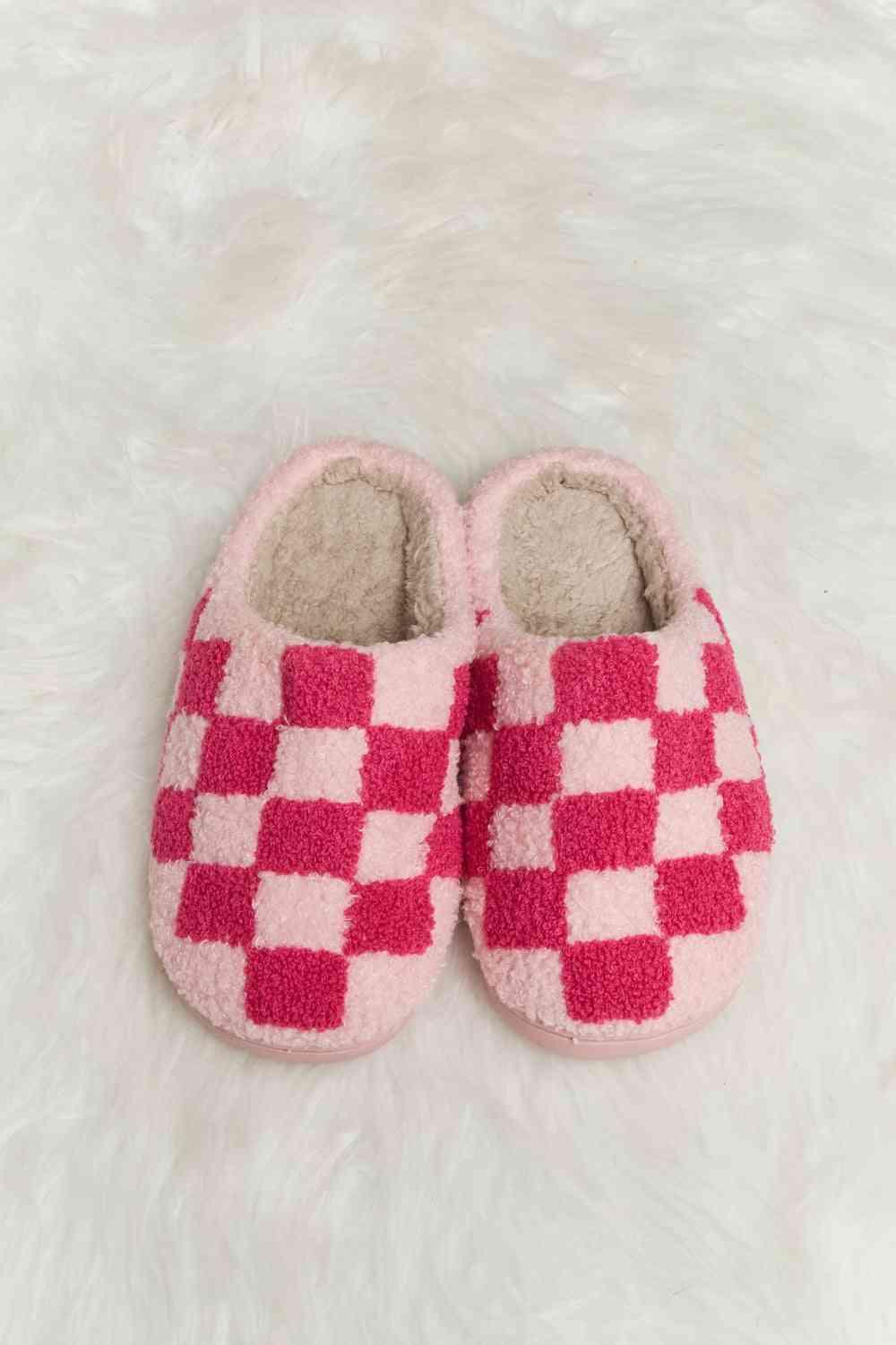 Melody Checkered Print Plush Slide Slippers - Browngold Fashion