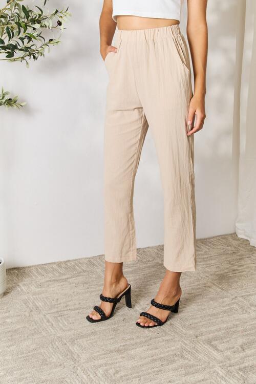 Double Take Pull-On Pants with Pockets - Browngold Fashion