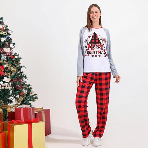 Women MERRY CHRISTMAS Graphic Top and Plaid Pants Set - Browngold Fashion