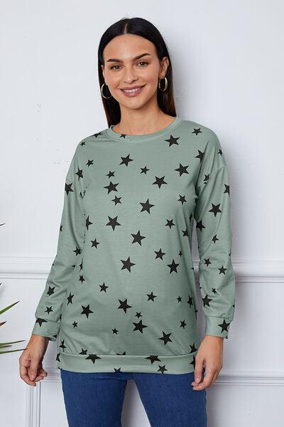 Star Print Round Neck Dropped Shoulder Sweatshirt - Browngold Fashion