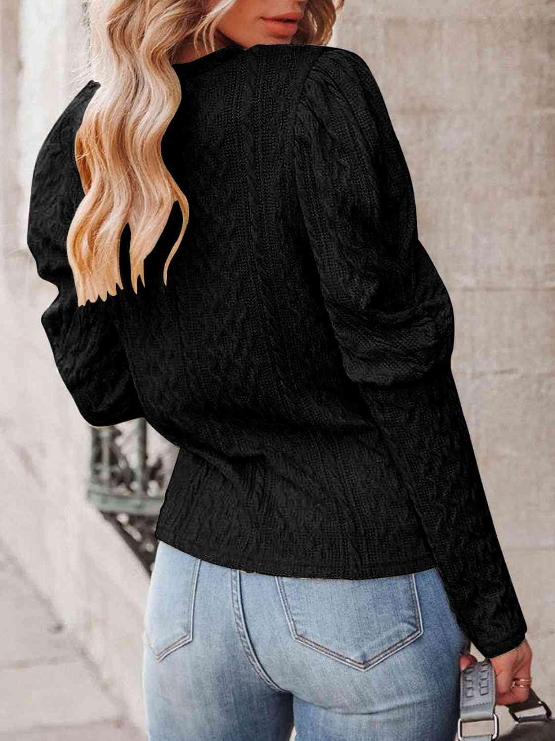 Round Neck Puff Sleeve Knit Top - Browngold Fashion