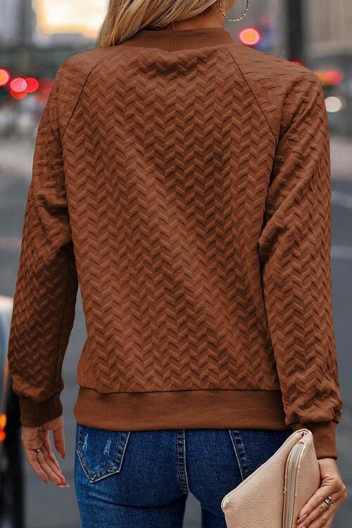 Texture Round Neck Long Sleeve Sweatshirt - Browngold Fashion