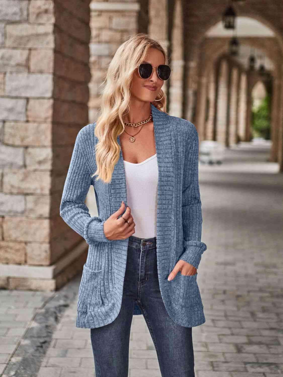 Open Front Cardigan with Pockets - Browngold Fashion