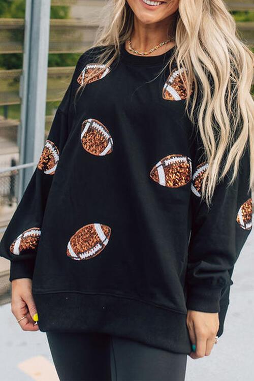 Football Sequin Patch Long Sleeve Sweatshirt - Browngold Fashion
