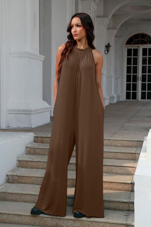 Double Take Full Size Tie Back Cutout Sleeveless Jumpsuit - Browngold Fashion