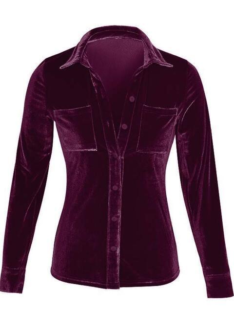 Button Up Collared Shirt with Breast Pockets - Browngold Fashion