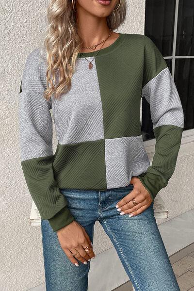 Textured Color Block Round Neck Sweatshirt - Browngold Fashion