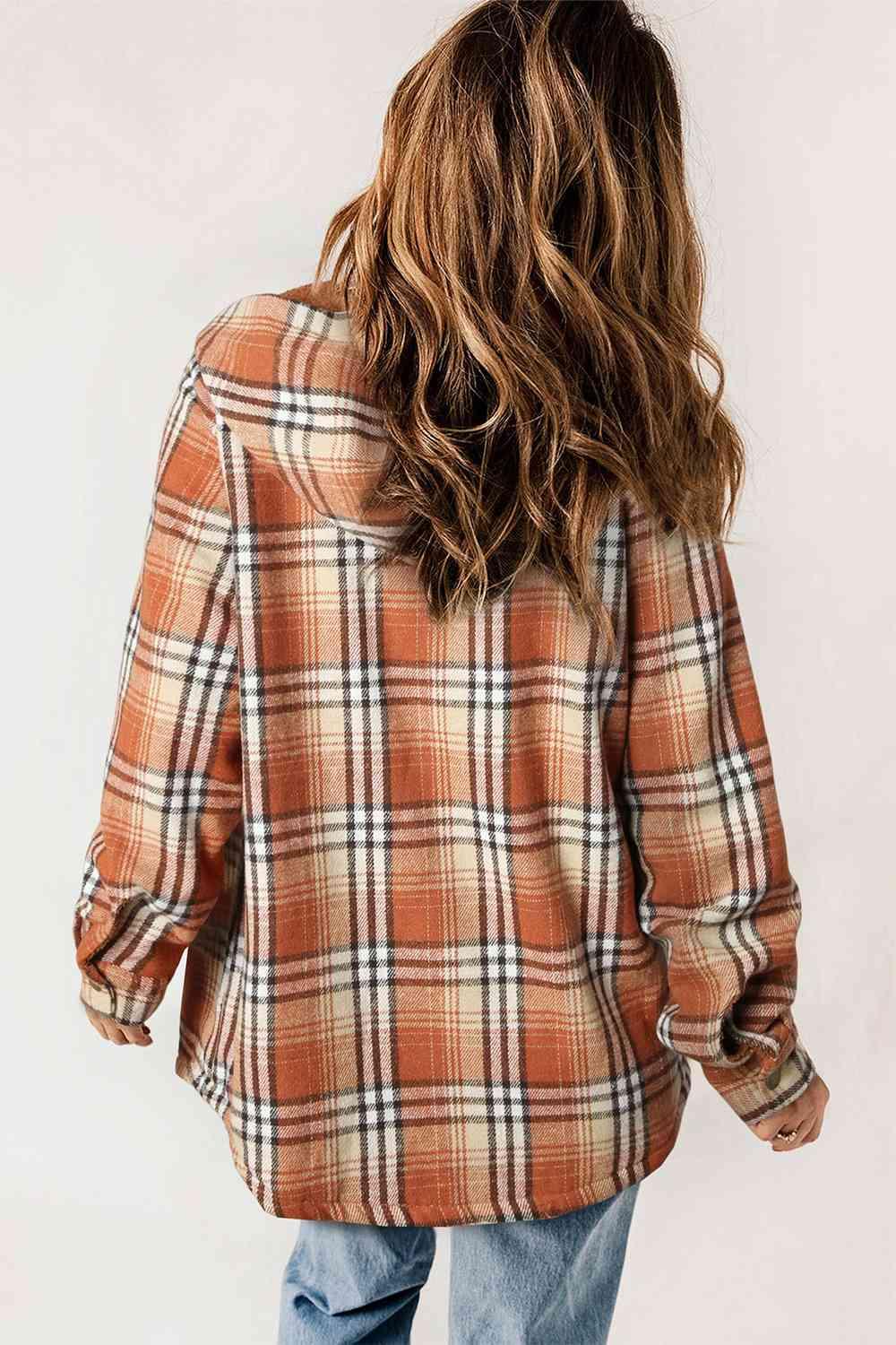 Plaid Snap Down Hooded Jacket - Browngold Fashion